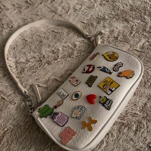 White Croc-Embossed Shoulder Bag with Pins